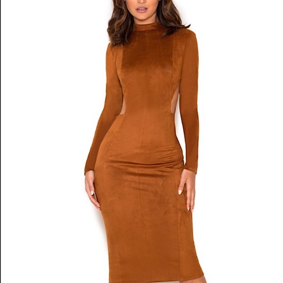 House of CB London Brown Suede Maxi Dress High Neck Cutout Slit Tan Zipper back - Picture 5 of 17